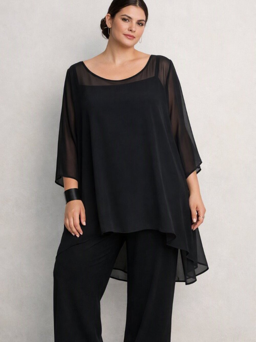 Fiorella Rubino  Formal Occasion Black Tunic Top Blouse With Sheer Overlay Large